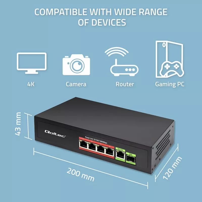 Ethernet PoE jungiklis QOLTEC 52296 — 4x RJ45 PoE prievadai, 1x RJ45 uplink