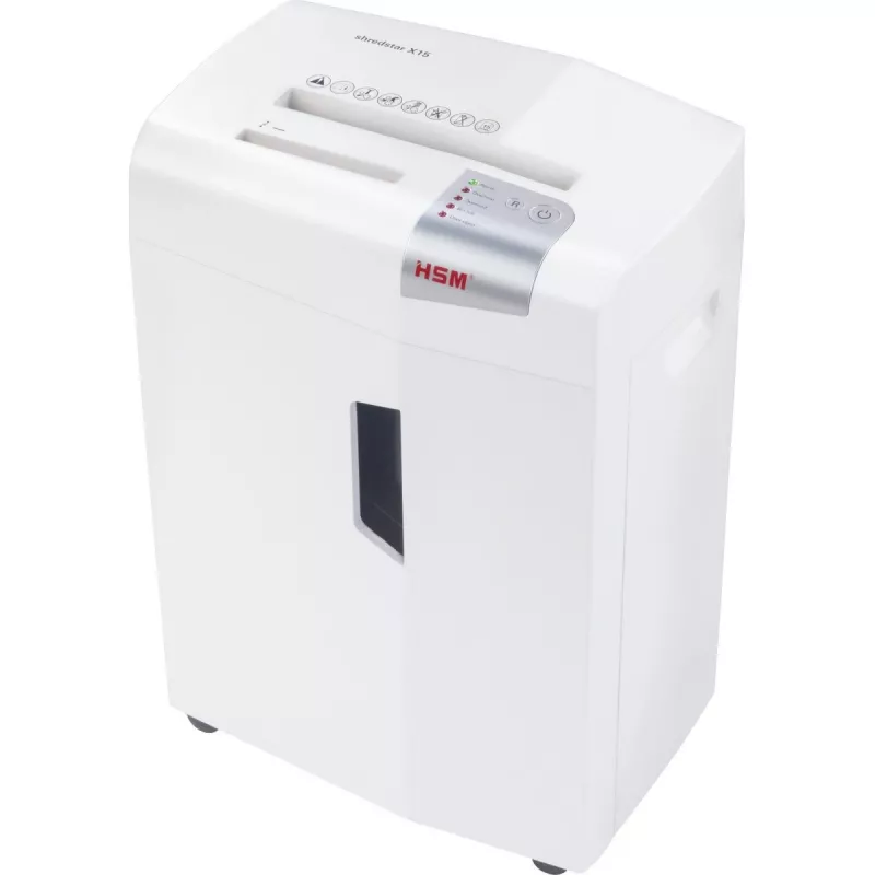 Popieriaus smulkintuvas HSM X15, dalelių pjovimas P-4, 23 cm darbinis plotis, 16 lapų talpa, 26 L krepšelis, sidabrinis