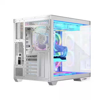Korpusas MODECOM Volcano Panorama Midi Tower baltas – micro ATX, grūdintas stiklas, ARGB, USB-C, palaiko GPU iki 400 mm