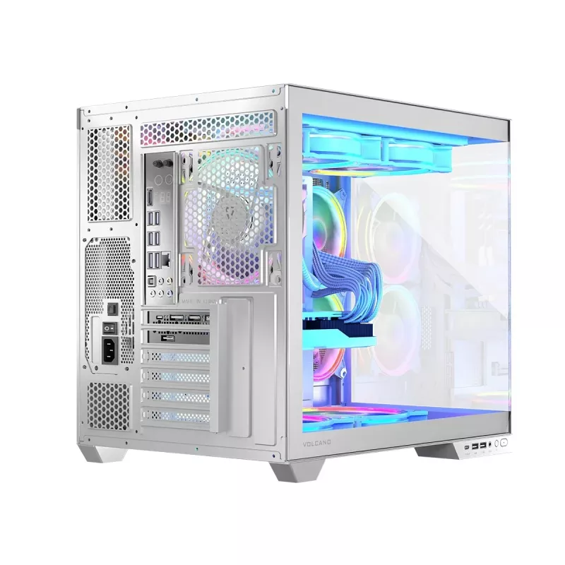 Korpusas MODECOM Volcano Panorama Midi Tower baltas – micro ATX, grūdintas stiklas, ARGB, USB-C, palaiko GPU iki 400 mm
