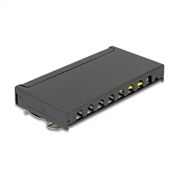 Pataisų skydelis DELOCK Mini Desktop RJ45 8 prievadų Cat.6A ekranuotas juodas, skirtas stalui, sienai arba DIN bėgiui