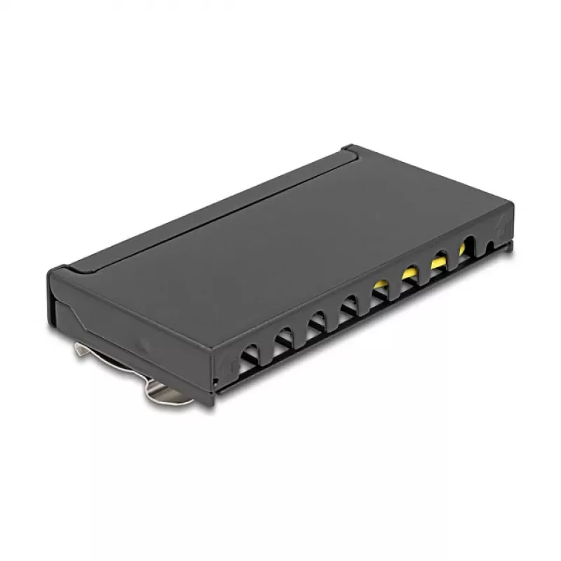 Pataisų skydelis DELOCK Mini Desktop RJ45 8 prievadų Cat.6A ekranuotas juodas, skirtas stalui, sienai arba DIN bėgiui