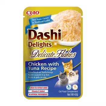 Šlapi kačių skanėstai INABA Dashi Delights Delicate Flakes Vištiena su Tuna 40 g pakelis