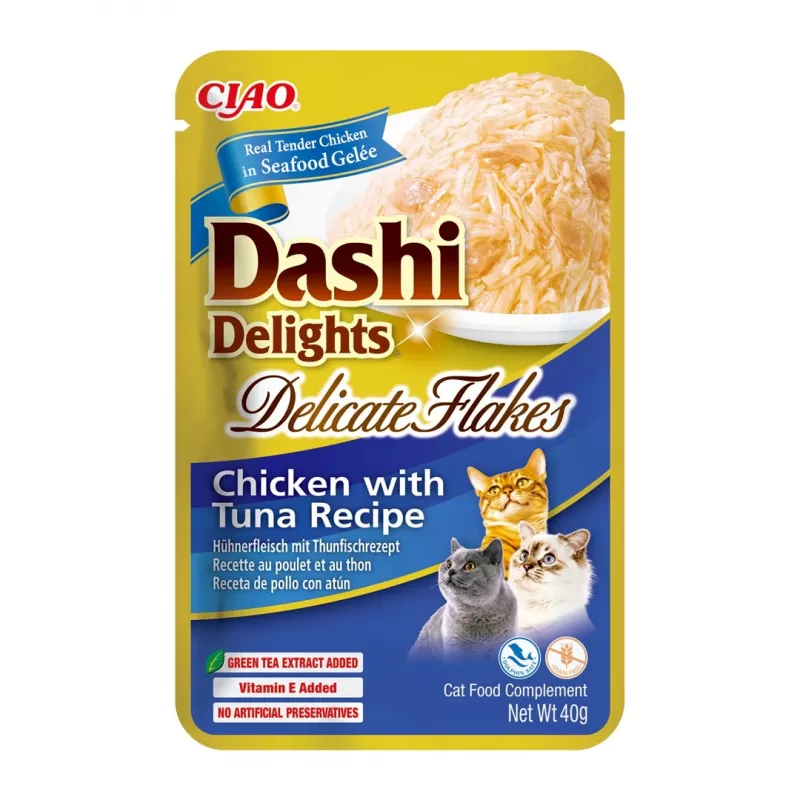 Šlapi kačių skanėstai INABA Dashi Delights Delicate Flakes Vištiena su Tuna 40 g pakelis