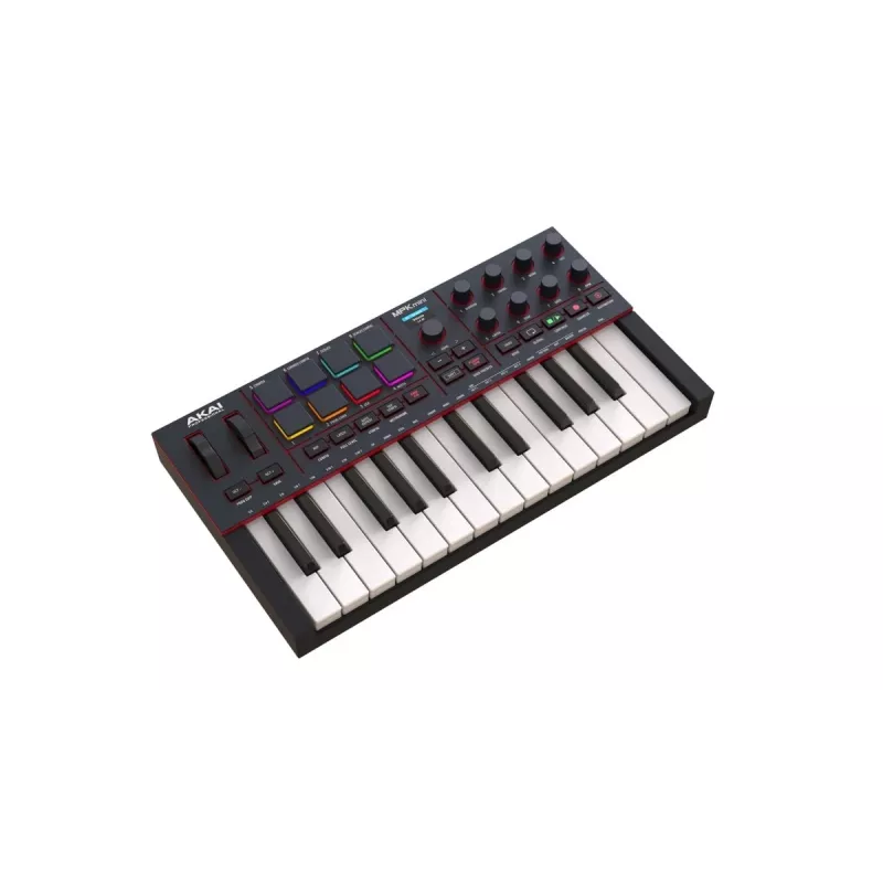 MIDI klaviatūra AKAI MPK MINI 4 Black — 25 klavišų, 8 padų, 8 enkoderių, arpegiatorius, USB-C, MIDI išėjimas