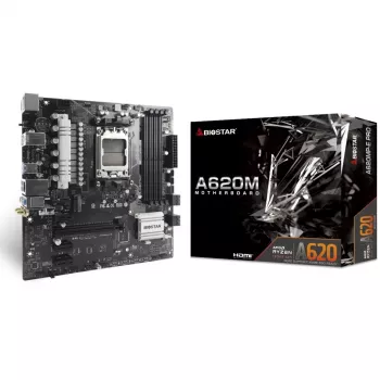 Motininė plokštė BIOSTAR A620MP-E PRO — AMD A620 microATX, Socket AM5, DDR5, 4 DIMM, max 128 GB, 2,5Gb LAN