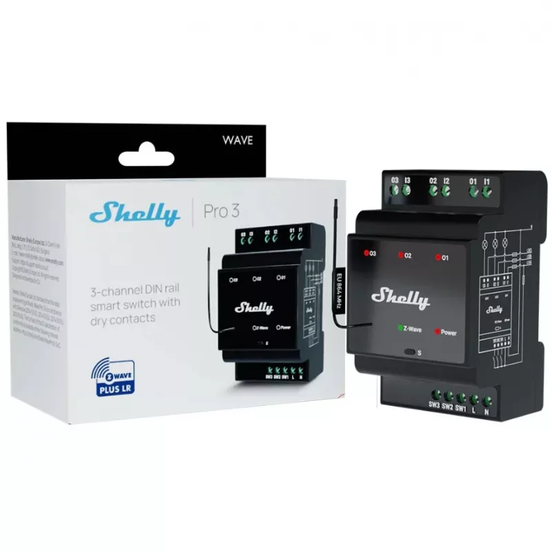 Išmanioji relė Shelly Wave PRO 3 juoda, plastikinis korpusas, 110–240 V AC, 50–60 Hz, 0,3 W, 53×59×96 mm