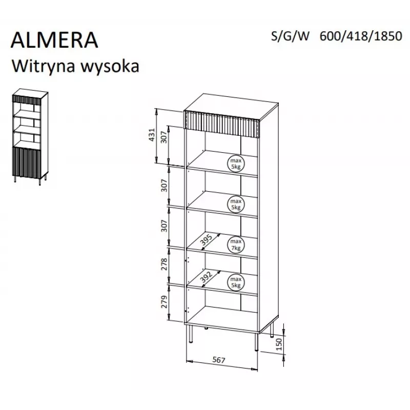Cama 3 ALMERA Knygų spinta 60x42x185 riešutas/kašmyro