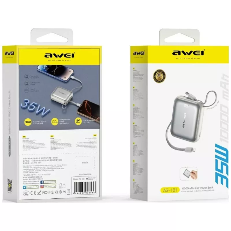 Powerbank Awei AS-181 10000mAh 35W su integruotu kabeliu