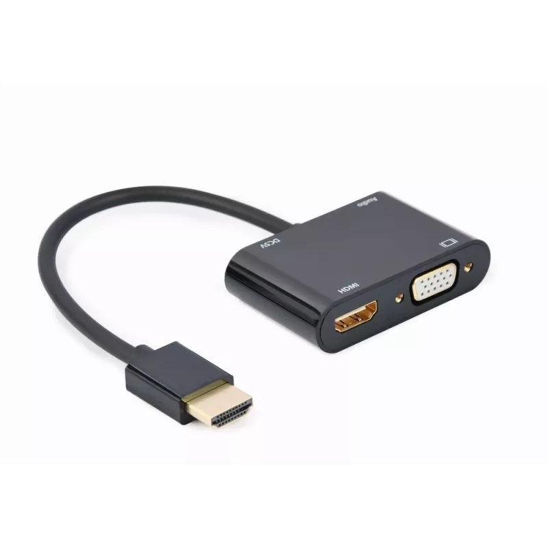 Gembird A-HDMIM-HDMIFVGAF-01 adapteris iš HDMI kištuko į HDMI lizdą + VGA lizdą, su garsu ir maitinimo jungtimi