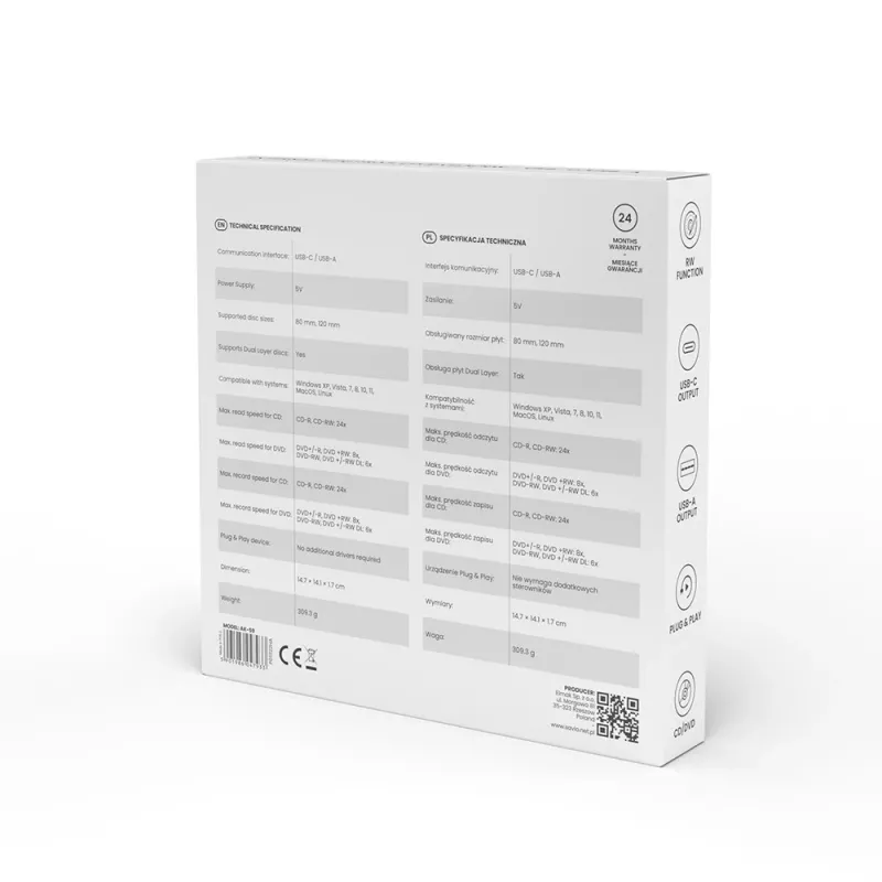 SAVIO AK-59 Išorinis plonas CD/DVD įrašymo įrenginys R/RW - USB-C/USB-A, juodas
