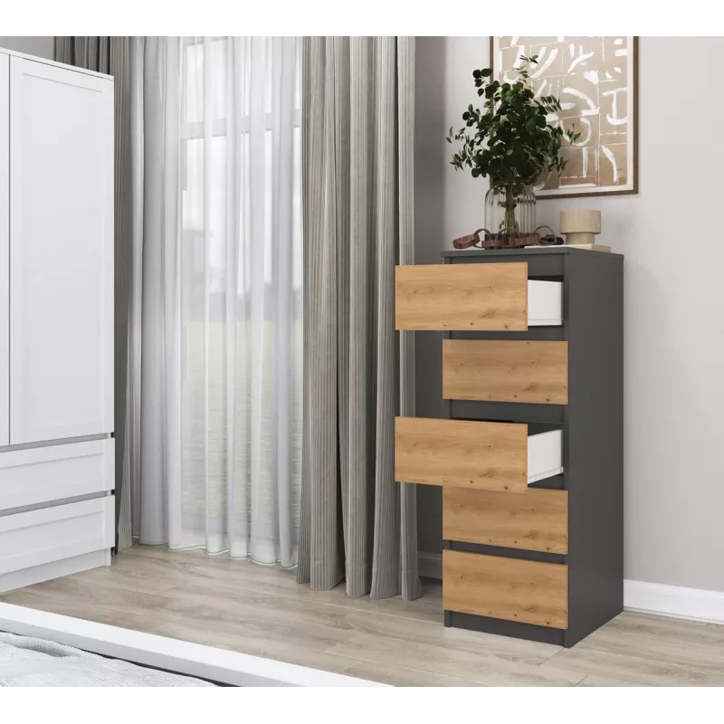 Komoda Top e Shop W5 ANT/ART, 5 stalčių, antracitas/ąžuolas, medžio drožlių plokštė