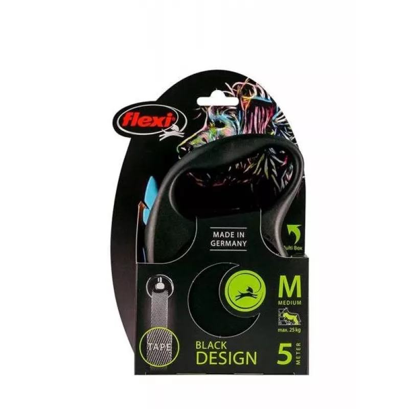 Flexi Black Design M atsitraukiantis šuns pavadėlis, juodo dizaino, 5 m juostos tipas, maks. apkrova 25 kg, ergonomiška rankena