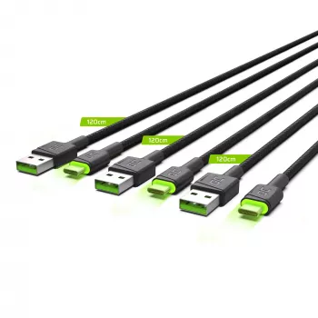 USB-C laidas Green Cell KABGCSET02 1,2 m (USB A į USB C, 2,4 A, 480 Mbps) 3 vnt. komplektas su LED apšvietimu
