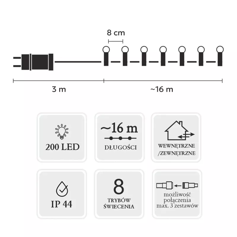 LED girlianda Extralink 200 lempučių šalta balta, skersmuo 3+ mm, ilgis 16 m