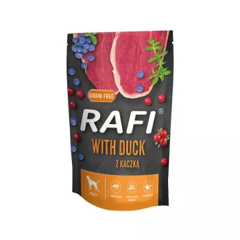 Šlapias šunų ėdalas Dolina Noteci Rafi su antiena 500 g – pilnavertis suaugusiems, be grūdų, sachet
