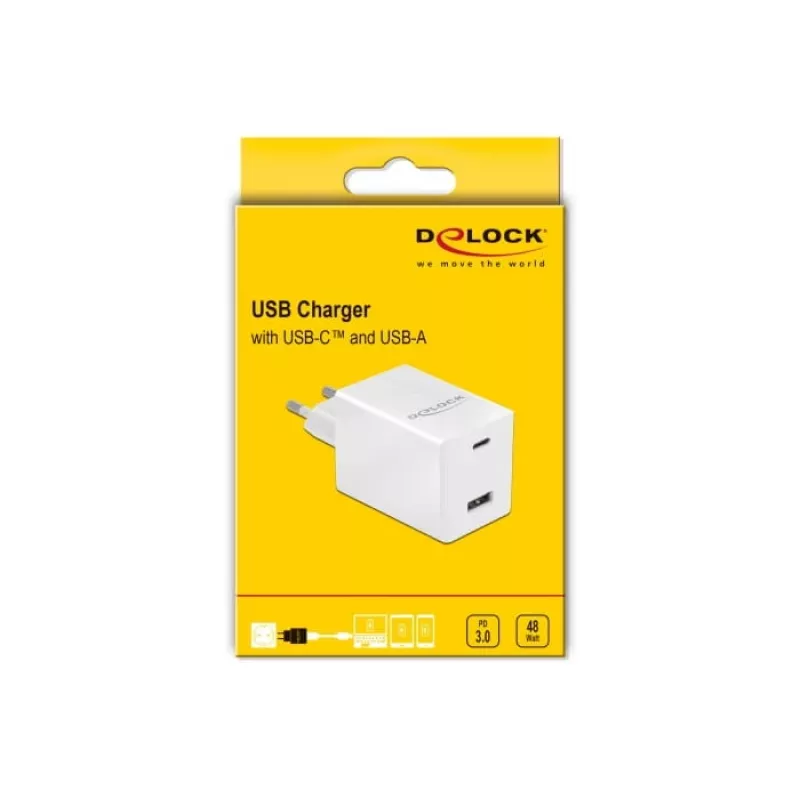 Kroviklis DeLOCK USB GaN įkroviklis USB Type-C PD 3.0 ir USB Type-A 48 W