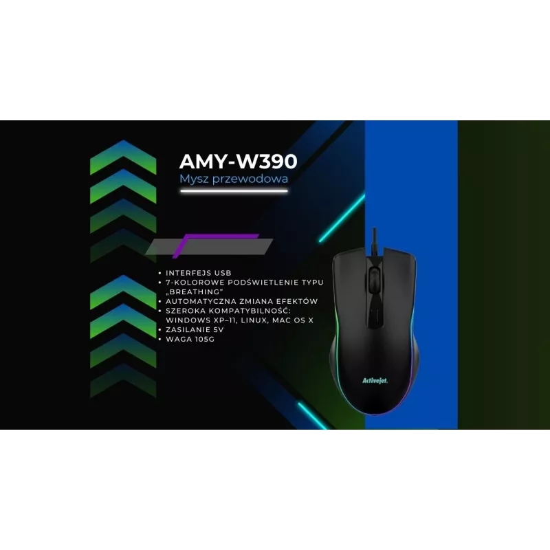 Laidinė šildoma žaidimų pelė ActiveJet AMY-W390 – ambidekstrinė, optinė 2000 DPI, USB Type-A, 4 mygtukai, juoda
