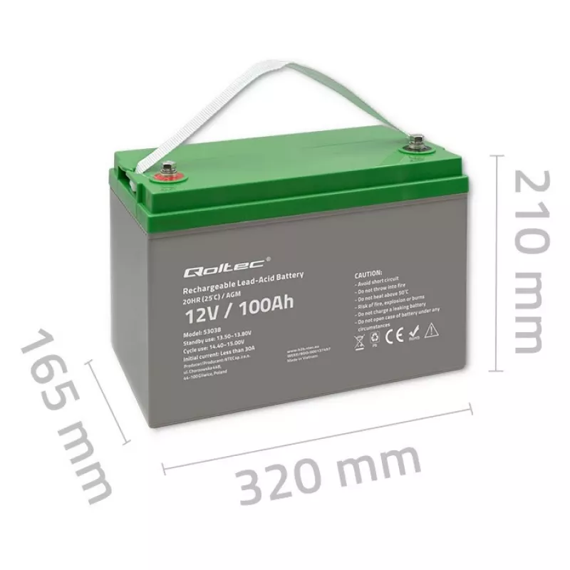 Qoltec 53038 AGM akumuliatorius | 12V | 100Ah | maks. 1200A