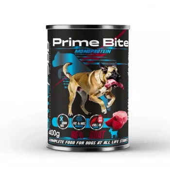 PRIME BITE Monoprotein Ožkiena su burokėliais - šlapias šunų ėdalas - 400g