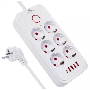 Maitinimo blokas MACLEAN MCE389 W — 6 kištukinių lizdų, 4×USB-A, 1×USB-C, 2500 W, 110–240 V, 1,5 m laidas, baltas