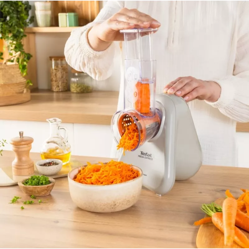 Elektrinė daržovių tarkavimo mašina Tefal Fresh Express DN853BE0 — 150 W, 3 keičiami antgaliai, 1 greitis, kreminė
