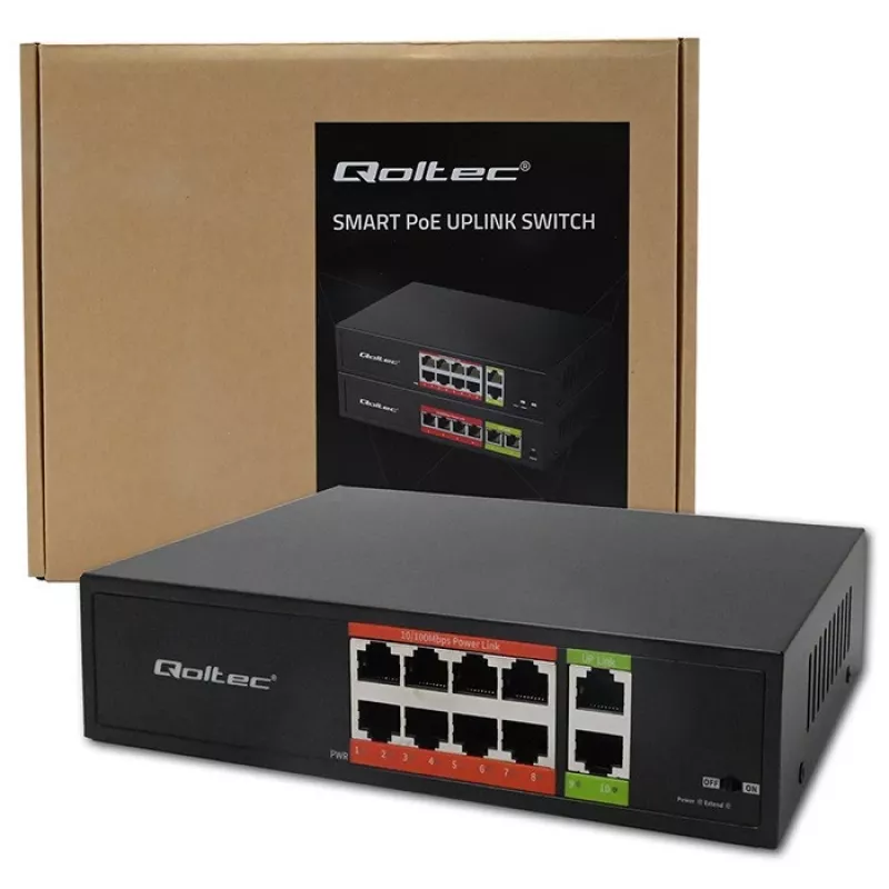 Tinklo jungiklis QOLTEC FAST Ethernet PoE 8xRJ45 su 2xRJ45 uplink (52290)