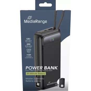 Power bank MediaRange MRMA756 — 20000 mAh LiPo, 15 W išvestis, USB-A + USB-C, juoda