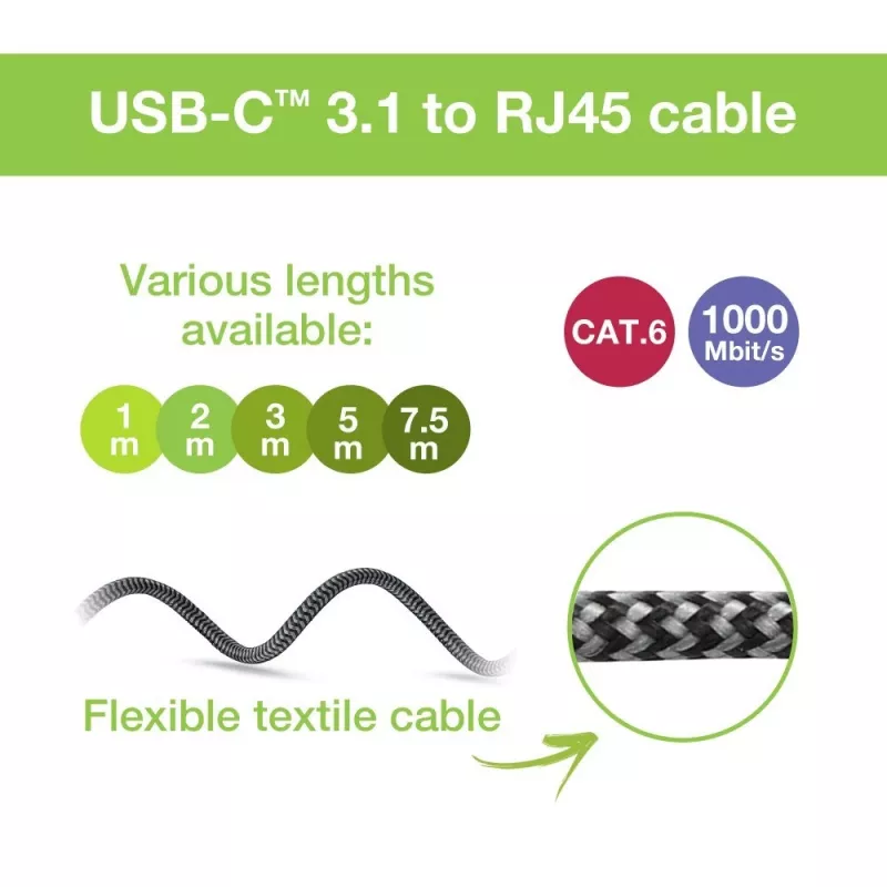 Techly ICOC U3C-RJ45-010 USB-C į Gigabit Ethernet adapterio kabelis, 1 m, juodas/sidabrinis