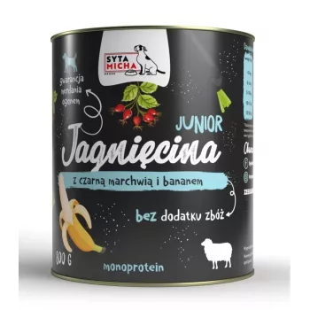 Šlapias šunų ėdalas SYTA MICHA Junior ėriena su juoda morka ir bananu, 800 g, monoproteininis, be glitimo ir cukraus