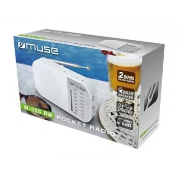 Nešiojamas radijo imtuvas Muse M-025 RW – analoginis FM/MW, baltas, maitinamas baterijomis, išorinė antena