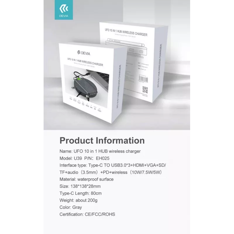 Devia UFO 10 viename USB-C hub'as su belaidžiu įkrovimu, pilkos spalvos