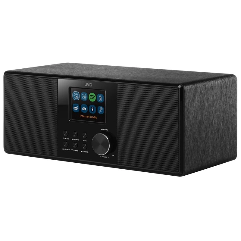 Internetinis radijas JVC RA-E981B – Wi‑Fi ir Bluetooth srautinis perdavimas, DAB+, FM, 2x5W, 40 išankstinių nustatymų, USB, AUX, LCD ekranas