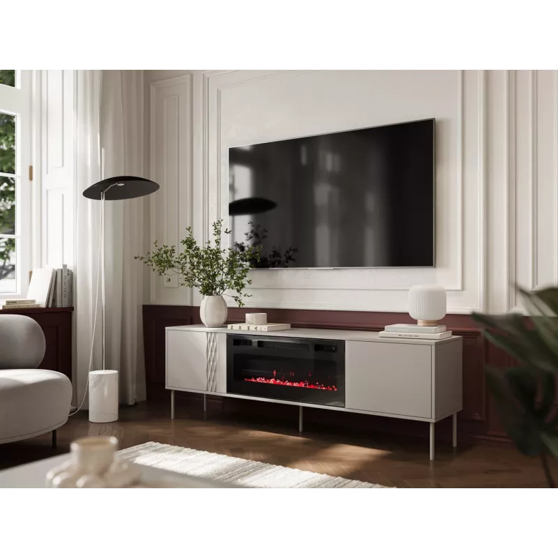 Spintelė televizoriui su židiniu Cama Meble TRESSE 180x40x54,5 cm – juodas rėmas, kashmyro matinis viršus