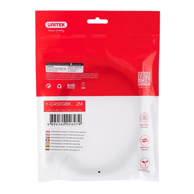 UNITEK Y-C450GBK USB 2.0 laidas 2 m USB A Juodas