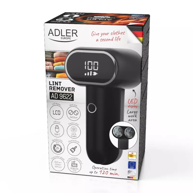 Adler AD 9622 pūkų šalintuvas, juodas, įkraunamas, 10 W