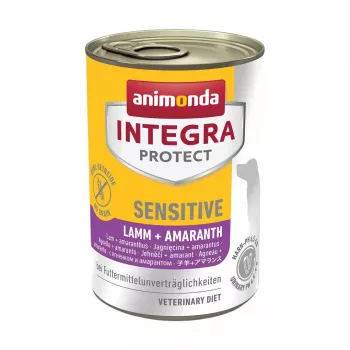 Šlapias šunų maistas animonda INTEGRA Protect Ėriena + Amarantas 400 g — suaugusiems šunims, hipoalerginis, be sojos ir glitimo
