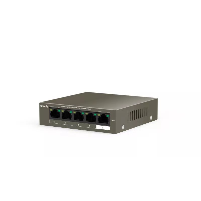 Tinklo jungiklis TENDA TEG1105P-4-63W-EU, 5x Gigabit RJ-45, 4x PoE (57,8 W bendra), 10 Gbit/s perjungimas