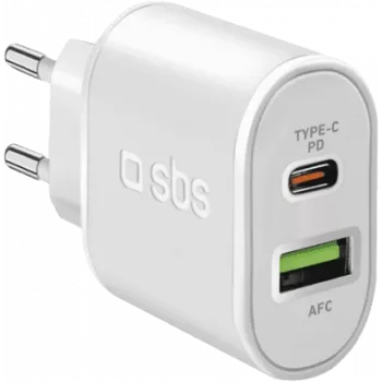 SBS maitinimo blokas - 20 W - 3 A - greitas įkrovimas, PD - 2 išėjimai (USB, 24 kontaktų USB-C) - baltas - Europos kištukas (TETRPD20W)