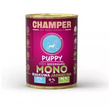 CHAMPER Puppy Monoprotein Ėriena – šlapias šunų ėdalas šuniukams – 400 g