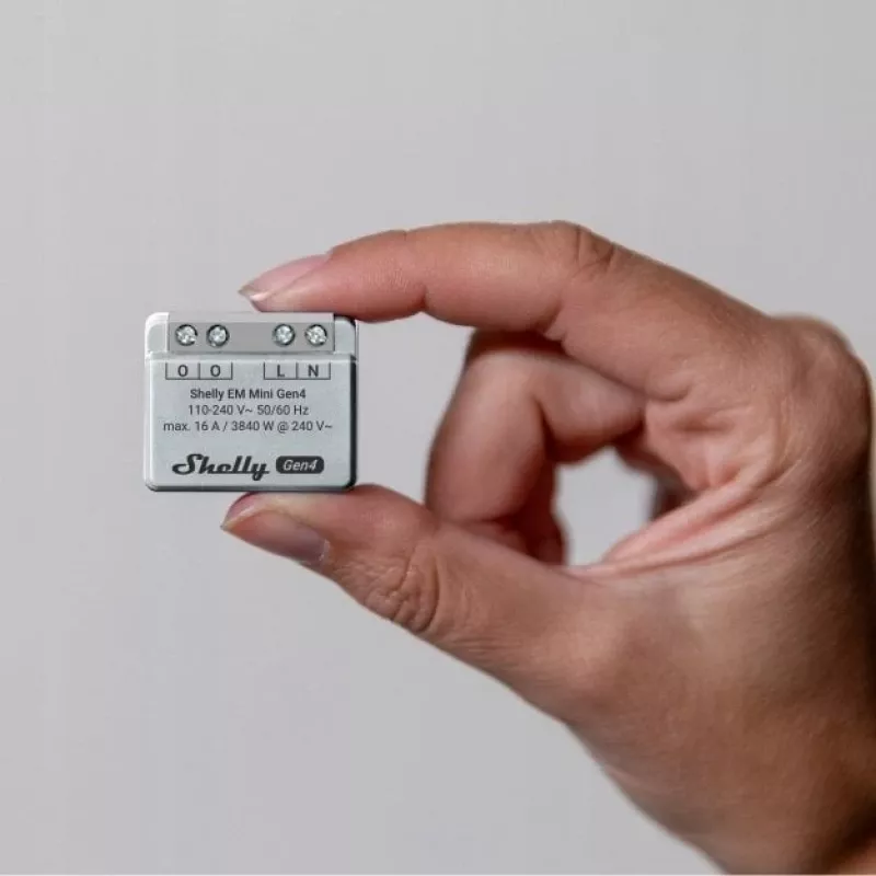 „Shelly Relay EM Mini Gen4“ išmanioji relė 1 kanalas Wi‑Fi Matter Zigbee Bluetooth 8A, 110–240V, energijos matuoklis