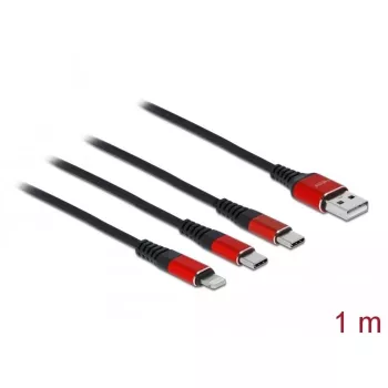 USB įkrovimo laidas DeLOCK 3 in 1 Type-A į Lightning / 2 x USB Type-C 1 m juoda / raudona