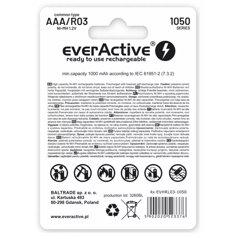Įkraunama AAA NiMH baterijų baterija everActive EVHRL03-1050 1,2 V – 4 vnt., 1050 mAh