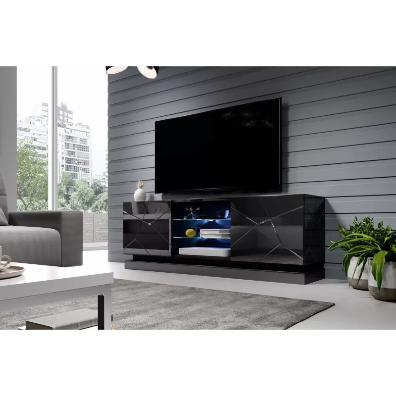 TV spintelė Cama Meble QIU 160 – juodas blizgus MDF, 1600×420×570 mm
