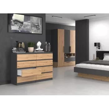Komoda Top e shop M8 140 ANT/ART — 8 stalčių, Antracitas/Ąžuolas, 1380×400×970 mm, Medienos drožlių plokštė