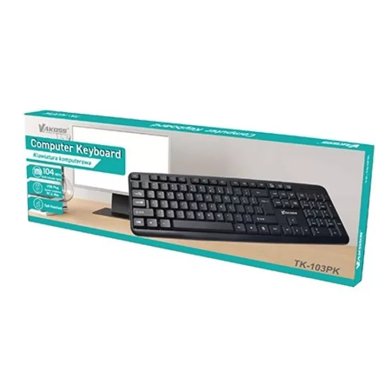 Pilno dydžio laidas klaviatūra VAKOSS TK-103PK – USB, 104 klavišai, skaičių blokas, juoda, 1,4 m laidas