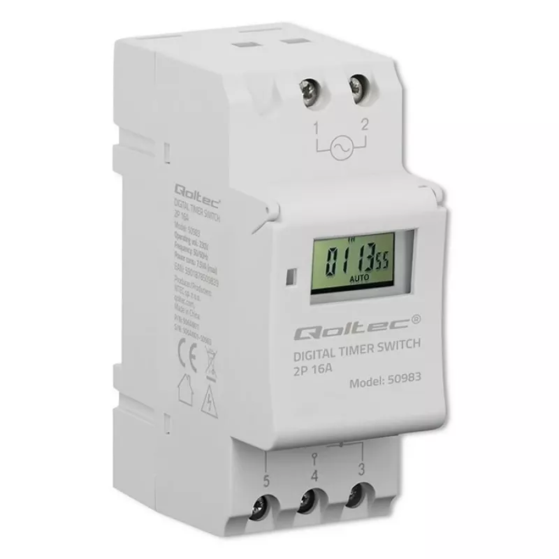 DIN bėgelio elektroninis laikmatis QOLTEC 50983, maitinamas baterija, automatikos grandinėms
