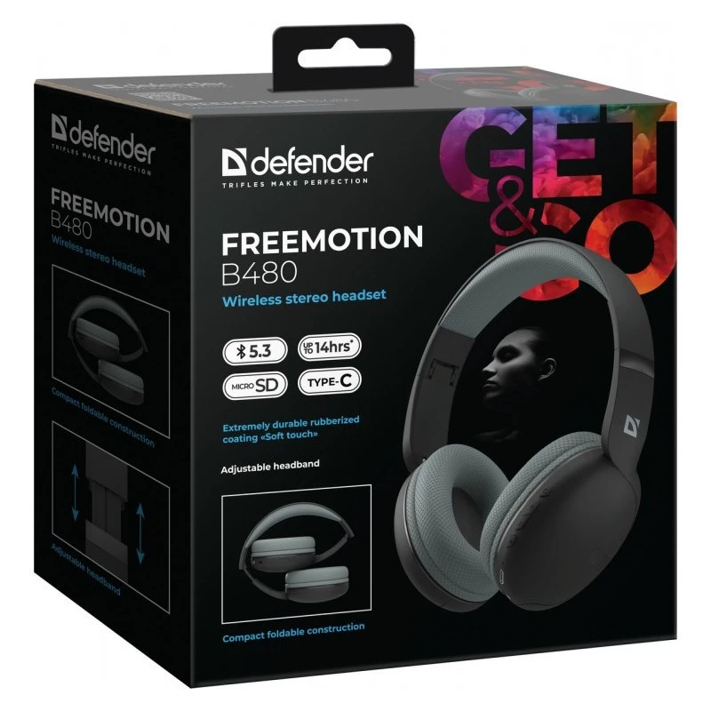 Belaidės ausinės DEFENDER Freemotion B480 – uždengiančios ausis, uždaros, Bluetooth, 20–20000 Hz, 99 dB, USB-C, AUX