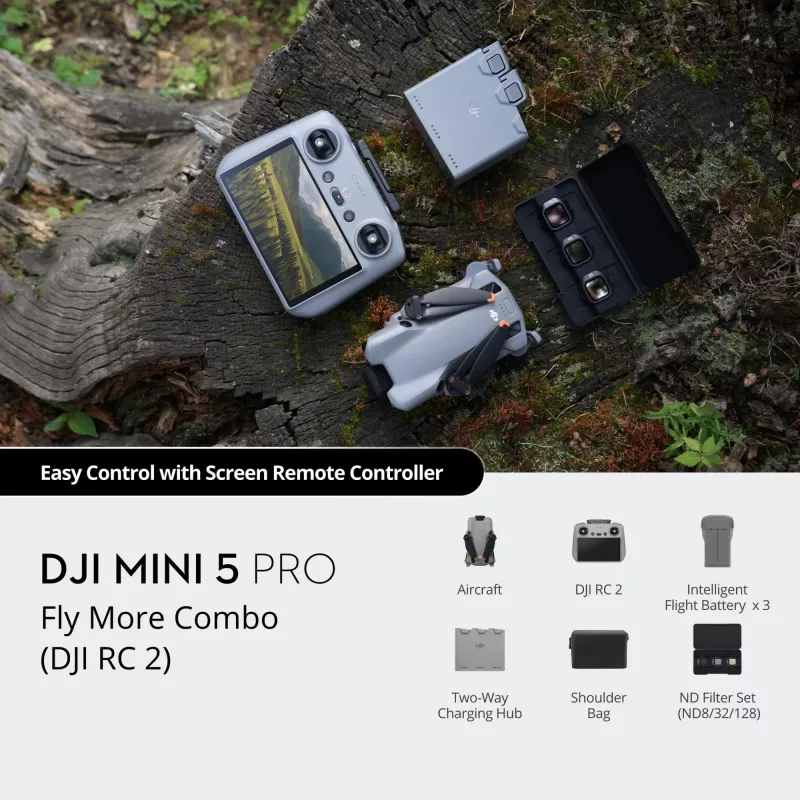 DJI MINI 5 PRO Fly More Combo (RC2) lengvas 249 g dronas su 50 MP sensoriumi, Lidar, 3 akumuliatoriais, nuotolinio valdymo pultu su ekranu