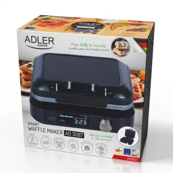 Vafelinė Adler AD 3087 – elektrinė belginių vaflių keptuvė, 2200 W, 2 stačiakampės plokštės 9×17 cm, juoda
